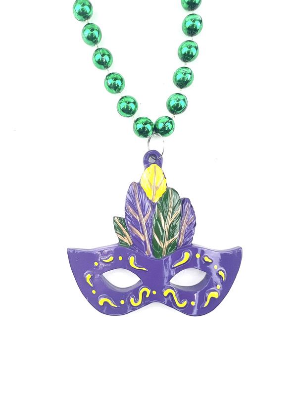 42”10mm 3-Section MOT Purple, Green and Gold Bead with Mask Polymedallion (Dozen)