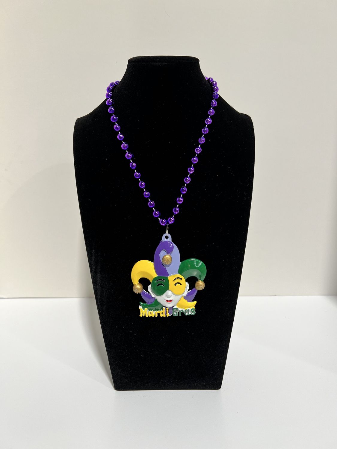 48" 8mm Purple MOT with Jester Head Mardi Gras Necklace single