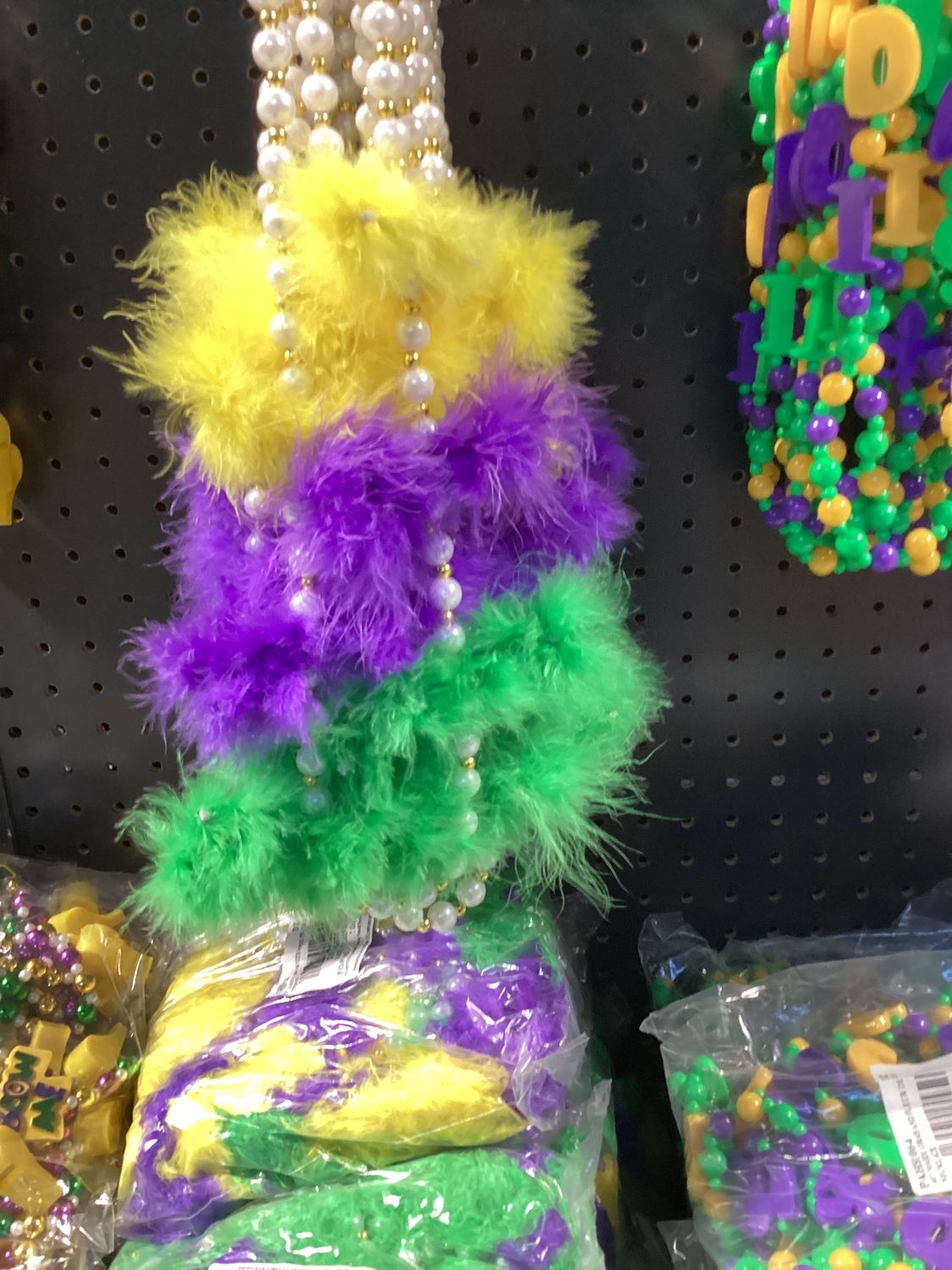 48&quot; 12mm Pearl White Necklace with Purple, Green and Gold Feather Inserts (Dozen)