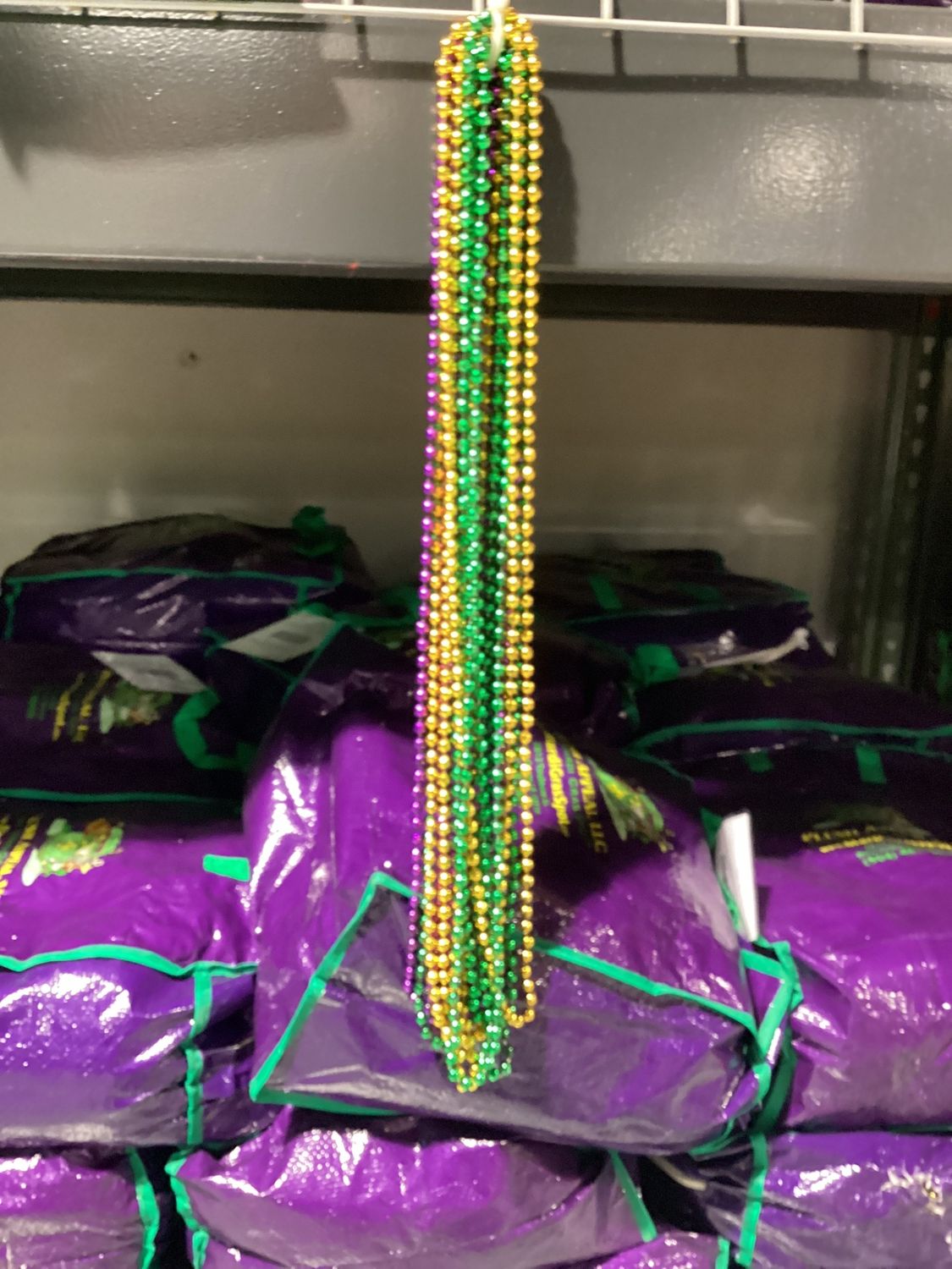 48" 7mm Round Metallic Purple, Gold and Green Mardi Gras Beads - Case (25 Dozen)