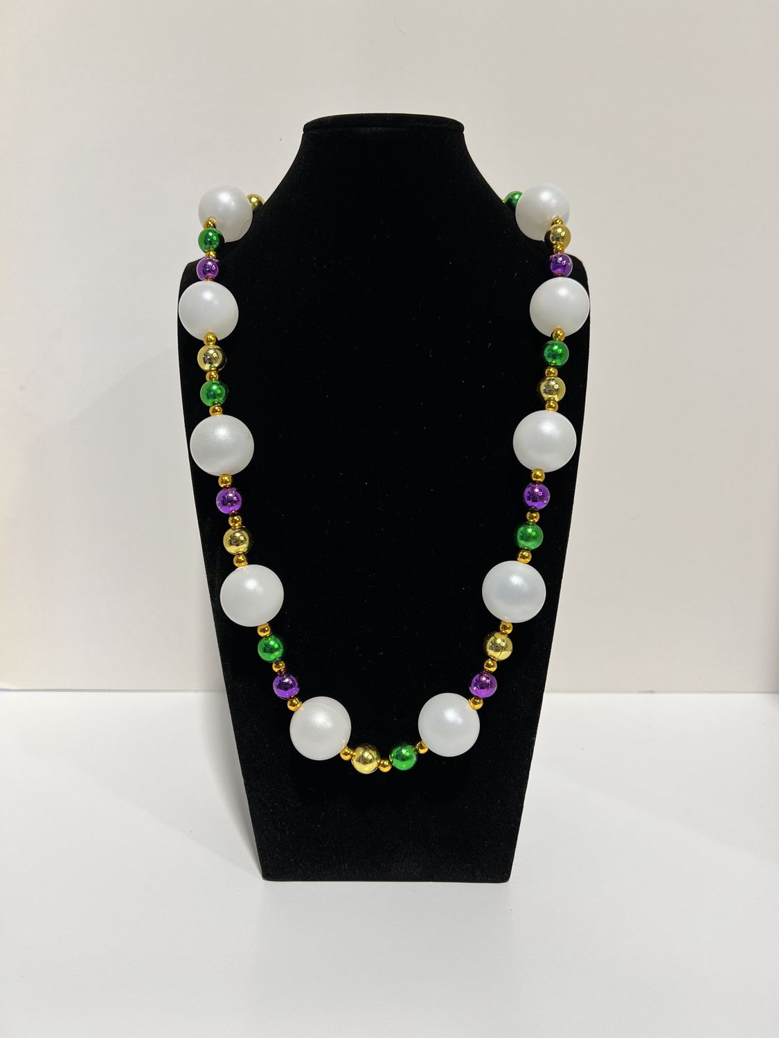 52" 25mm Pearl White Necklace with Alternating Purple, Green and Gold Beads (Dozen)
