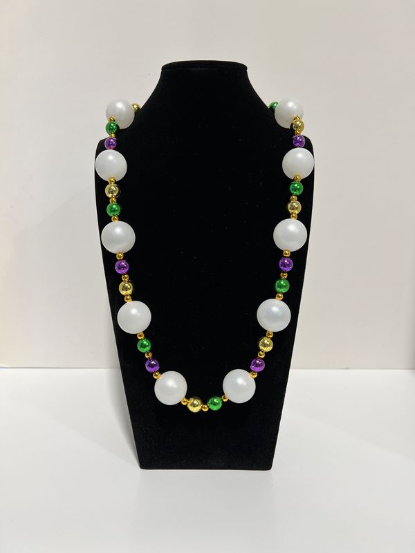52&quot; 25mm Pearl White Necklace with Alternating Purple, Green and Gold Beads (Dozen)