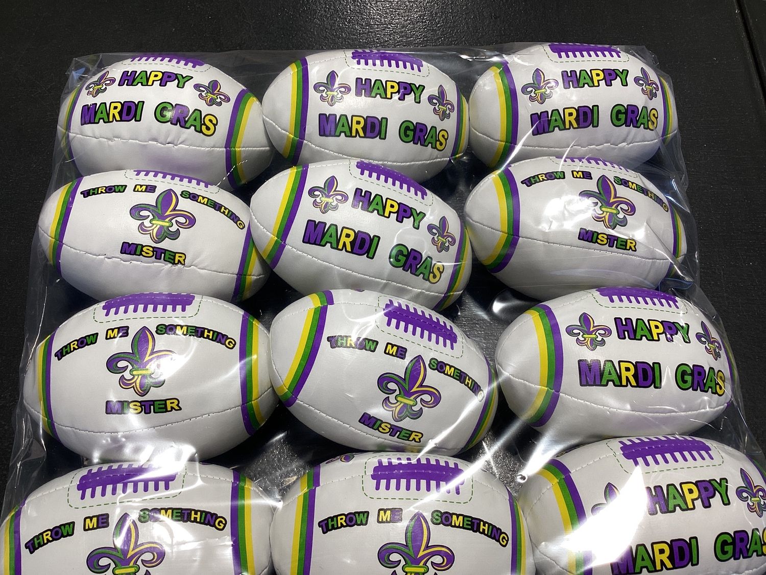 6" Football Vinyl White "Happy Mardi Gras" (Dozen)
