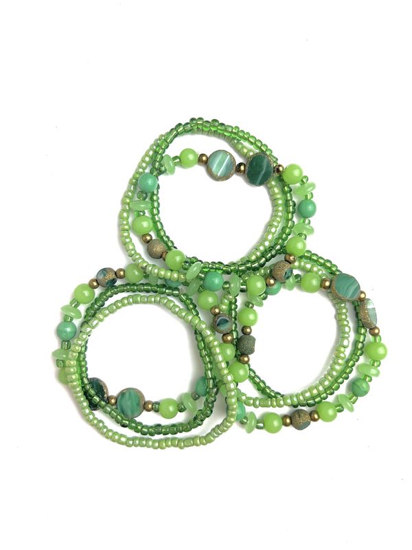 7&quot; Glass Bead Bracelets - Green Multi-Stone (Dozen)