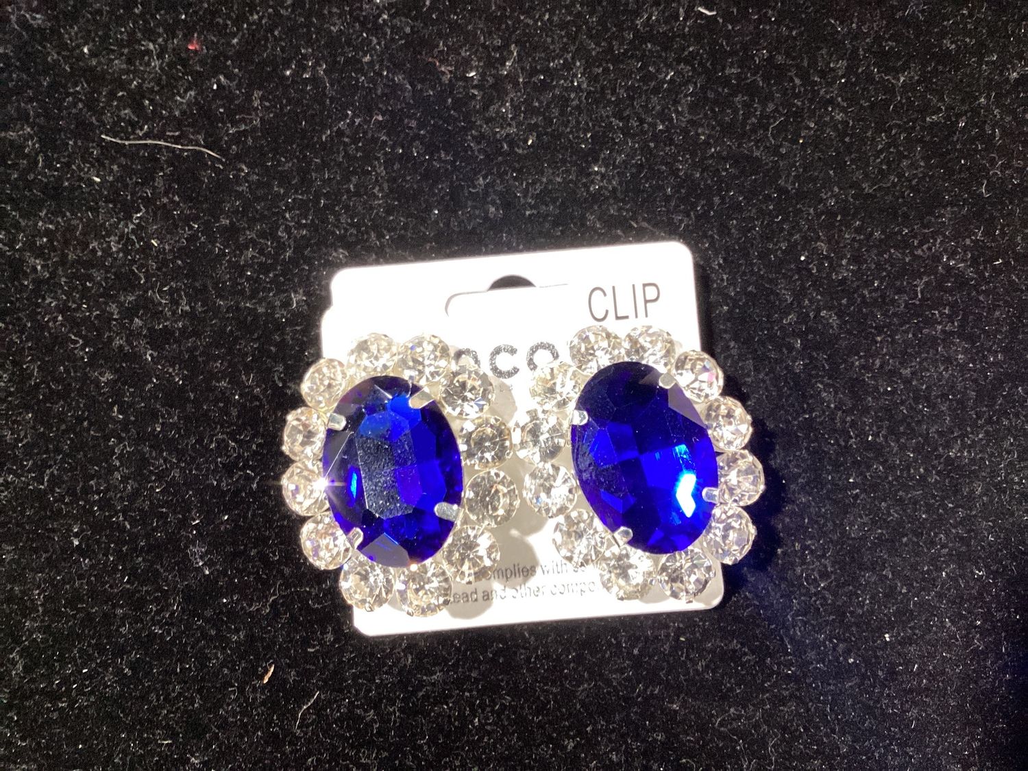 91860_Silver/Royal Blue, oval accent rhinestone clip on earring
