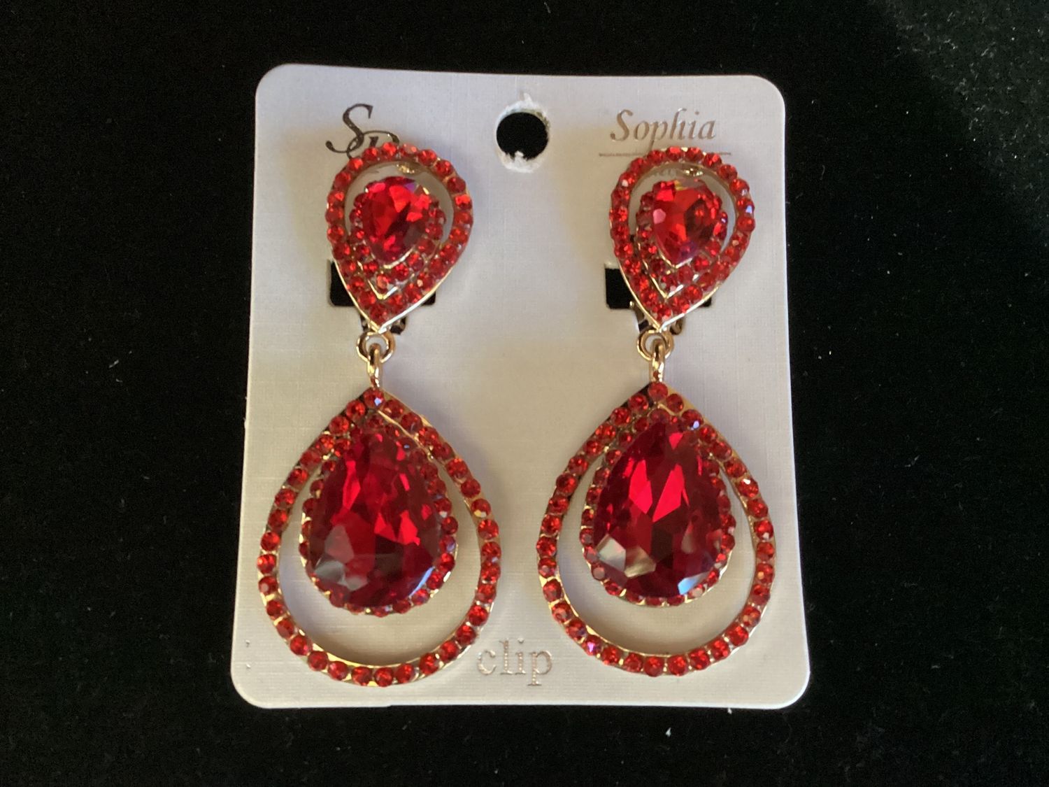 92307_Gold/Red, teardrop accent rhinestone evening clip on earring