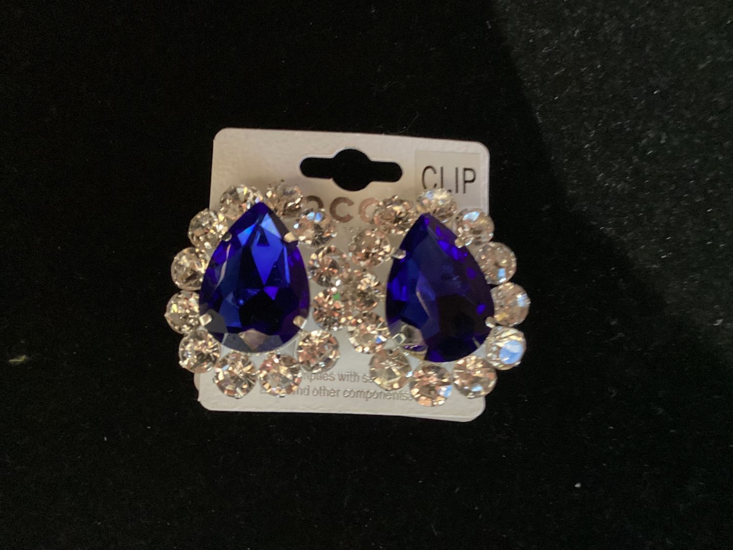 91859_Silver/Royal Blue, teardrop accent rhinestone clip on earring