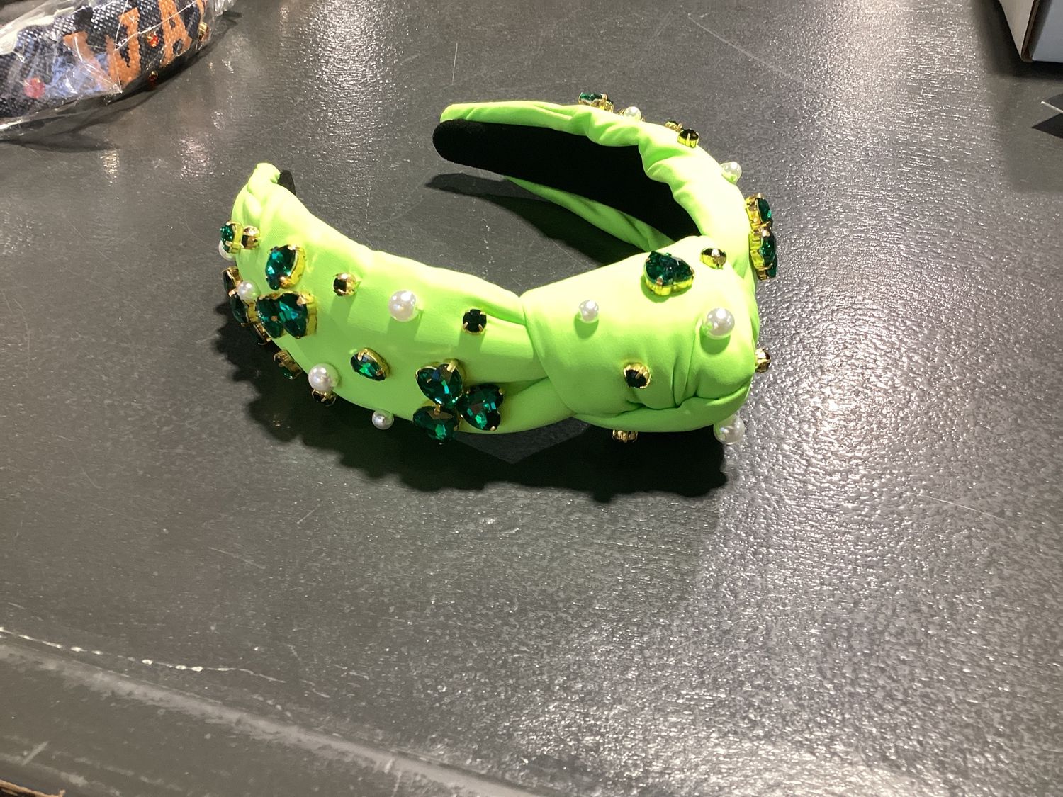 Adult Size Neon Green Headband with Crystal Shamrocks &amp; Pearls