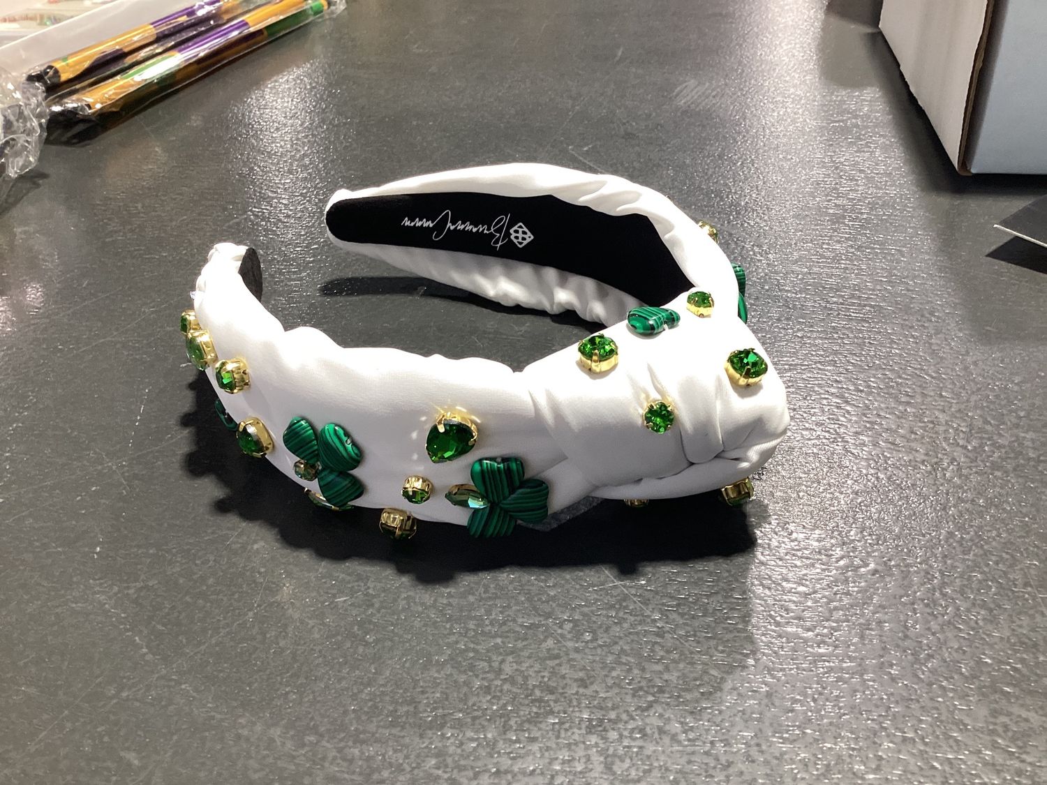 Adult Size White Headband with Shamrocks &amp; Crystals