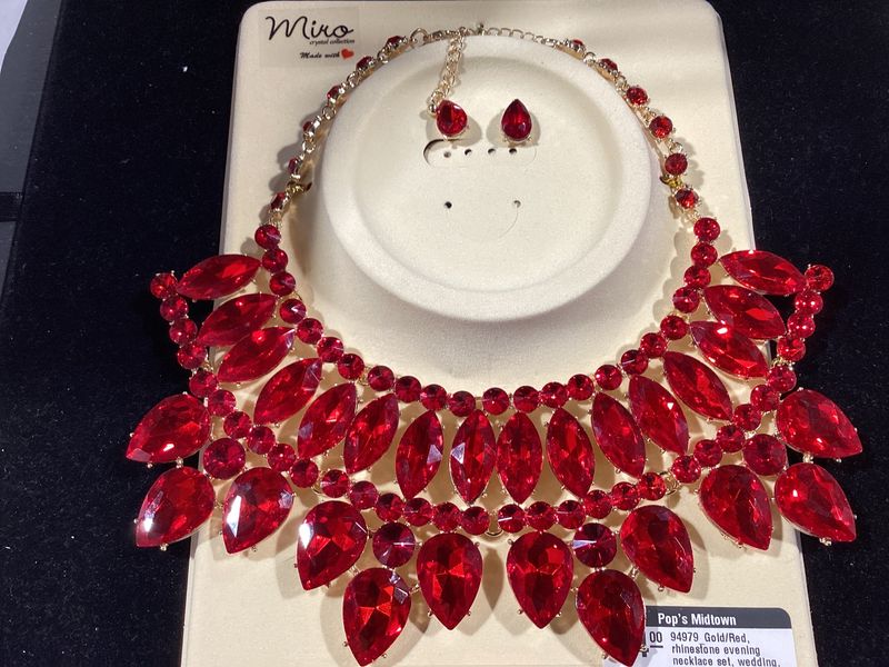 94979_Gold/Red, rhinestone evening necklace set, wedding, bridal