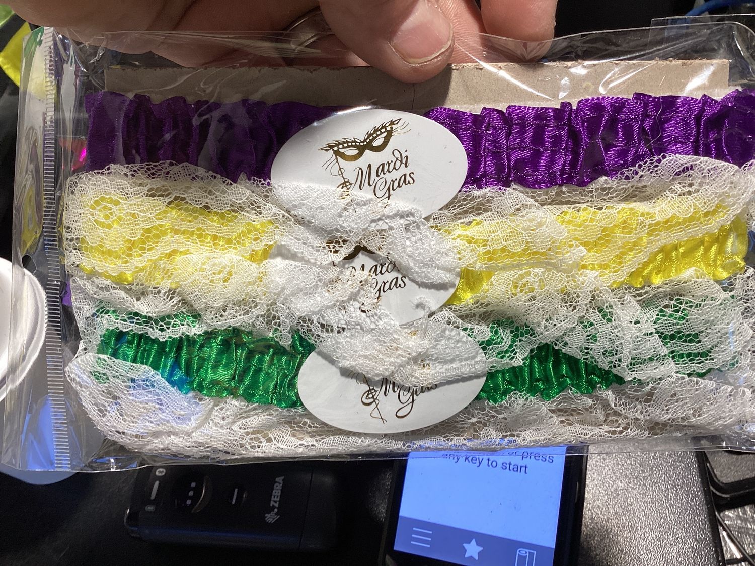 Assorted Purple, Green and Gold Garters with White Lace (Pack of 3)