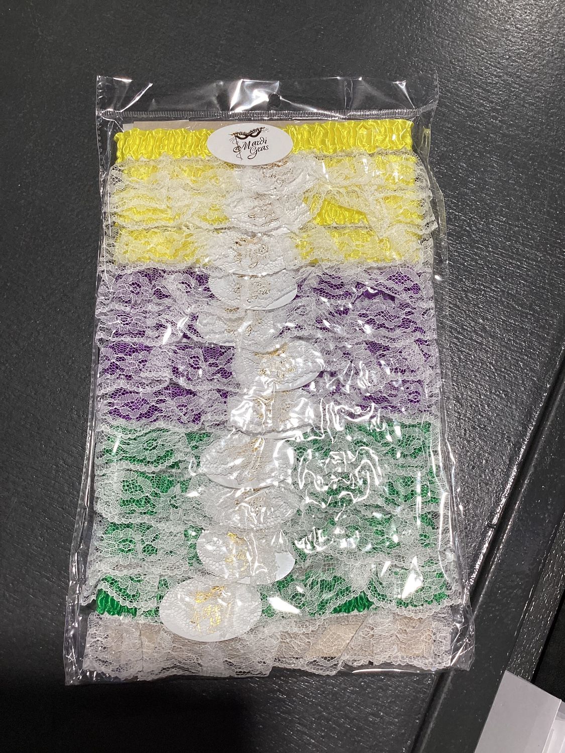 Assorted Purple, Green and Gold Garters with White Lace (Dozen)