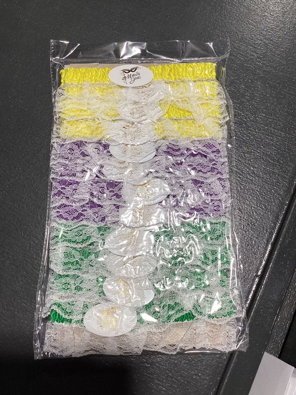 Assorted Purple, Green and Gold Garters with White Lace (Dozen)