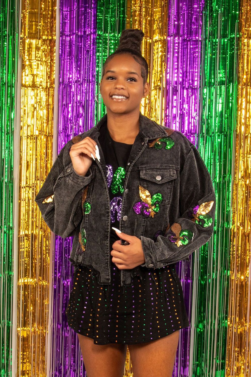 Black Charcoal Washed Corduroy Jacket with Sequin Fleur De Lis Patches - Large(Each)