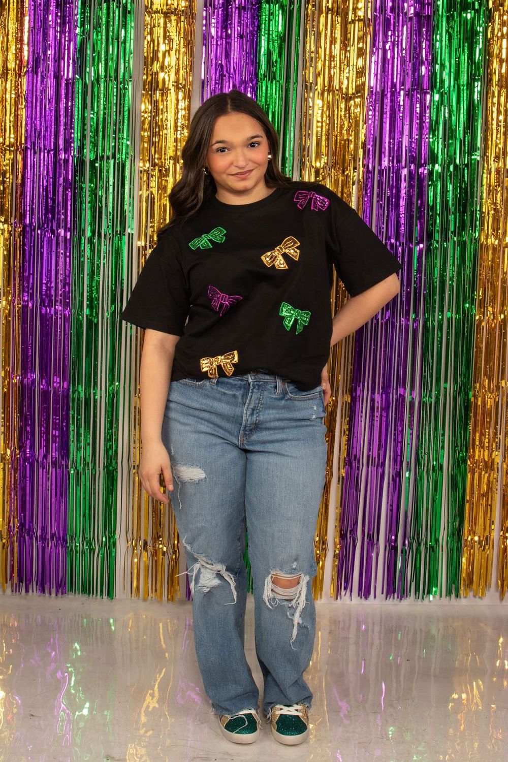 Black Mardi Gras Sequin Bow Top - Medium (Each)