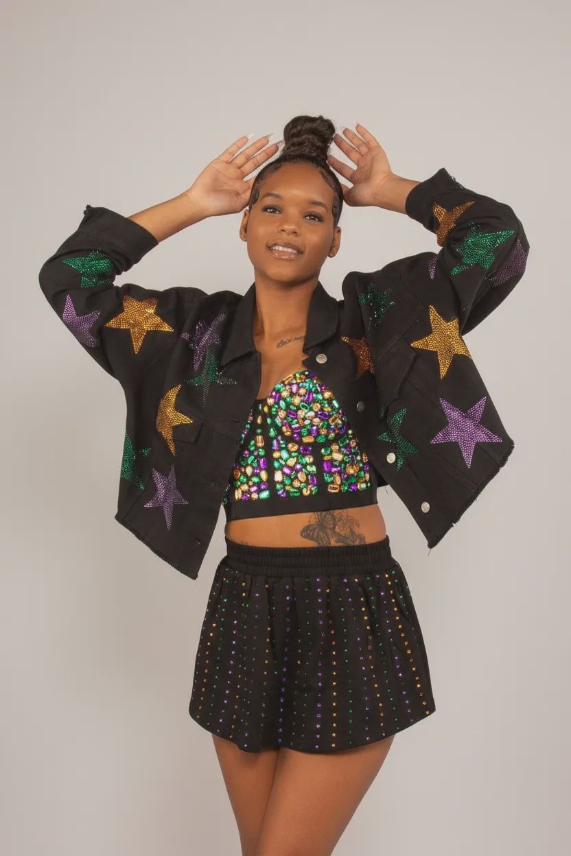Black Mardi Gras Rhinestone Star Denim Jacket - Medium (Each)