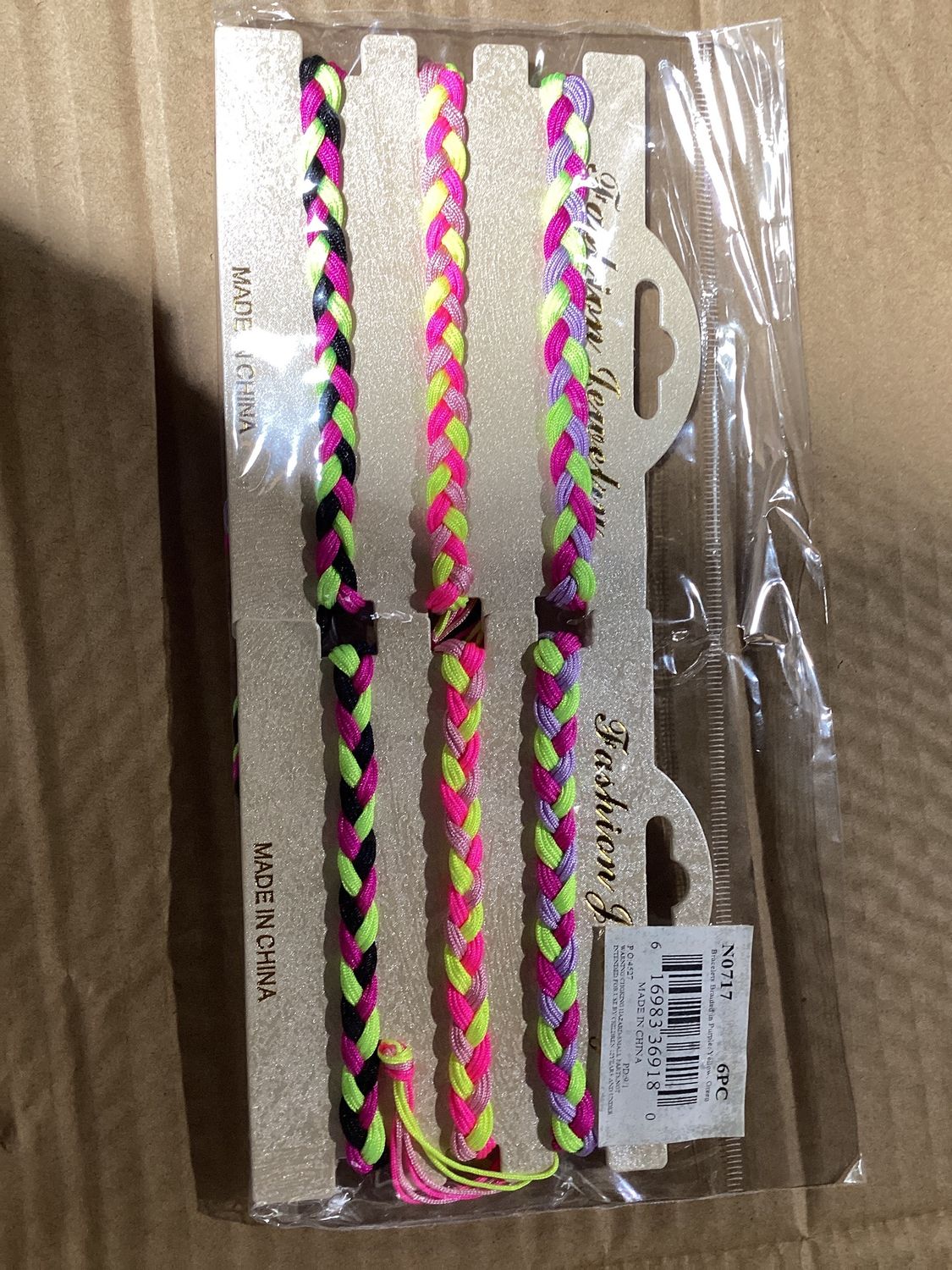 Braided Bracelet - Neon Purple, Green and Yellow (6 Pieces)