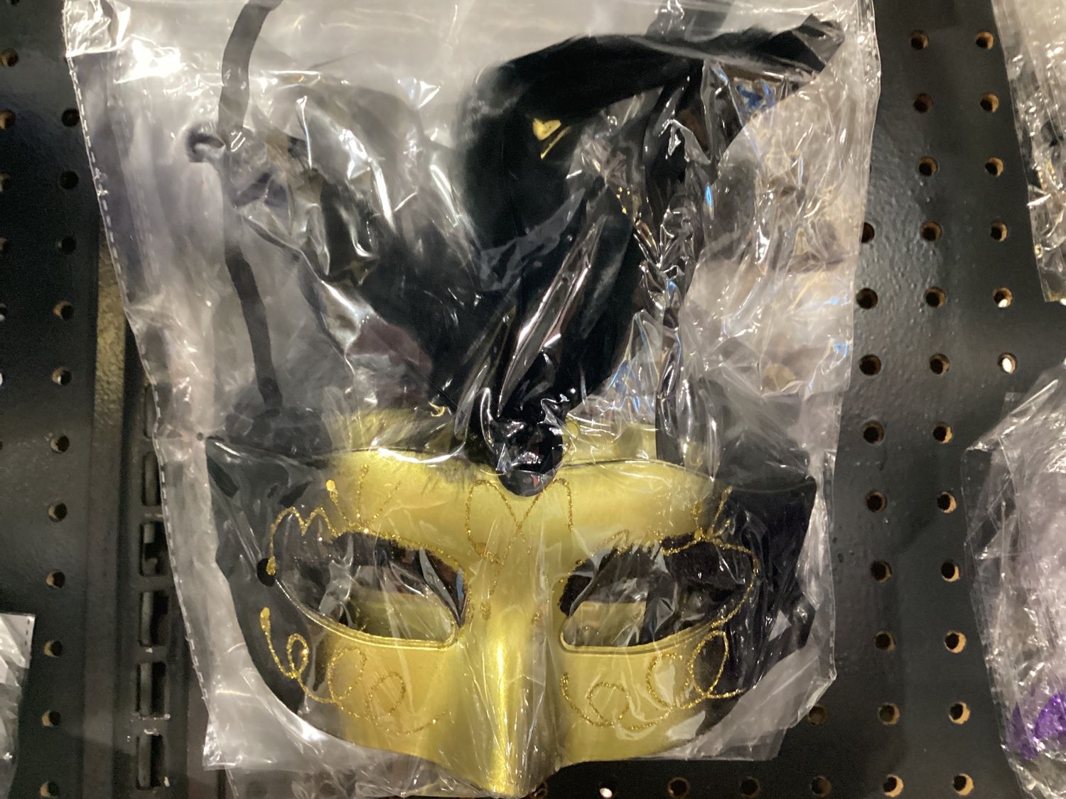 Black and Gold Hard Plastic Mask with Black Feathers with Ribbon Tie
