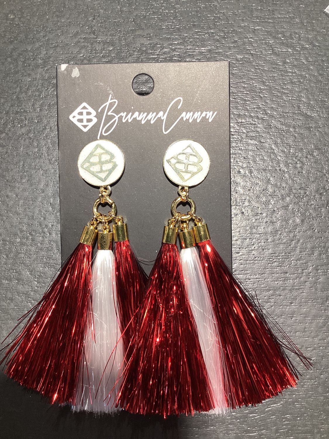 Crimson and White Metallic Jumbo Tassel Earrings
