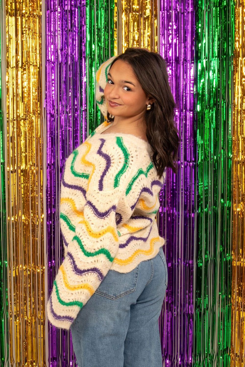 Cream Mardi Gras Wavy Stripe Sweater - Small (Each)