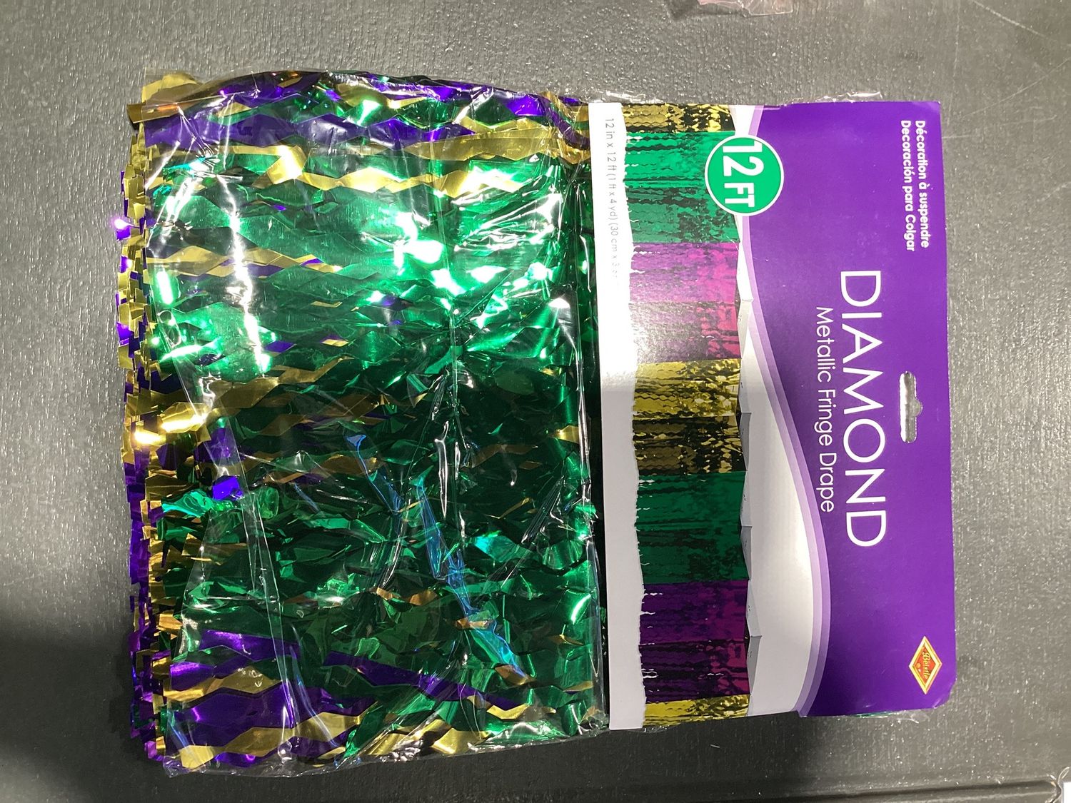Diamond Metallic Purple, Green and Gold Fringe 12" X 12' (Each)