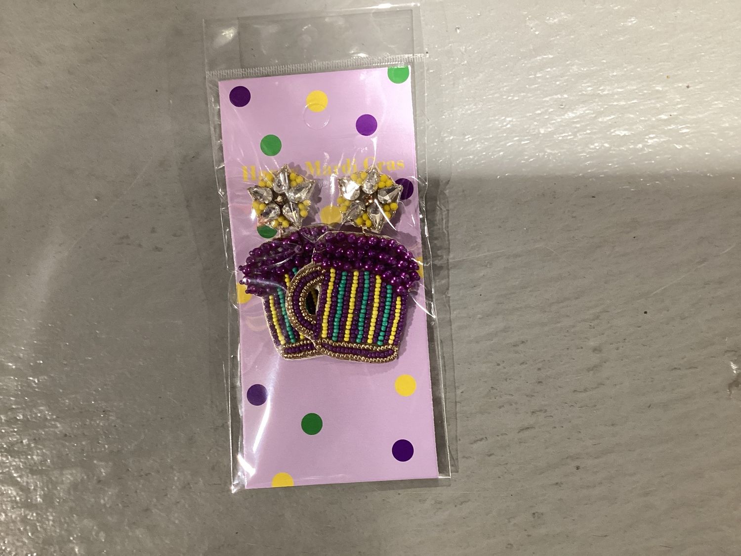 Felt Back Seed Beaded Mardi Gras Beer Dangle Earrings (Pair)