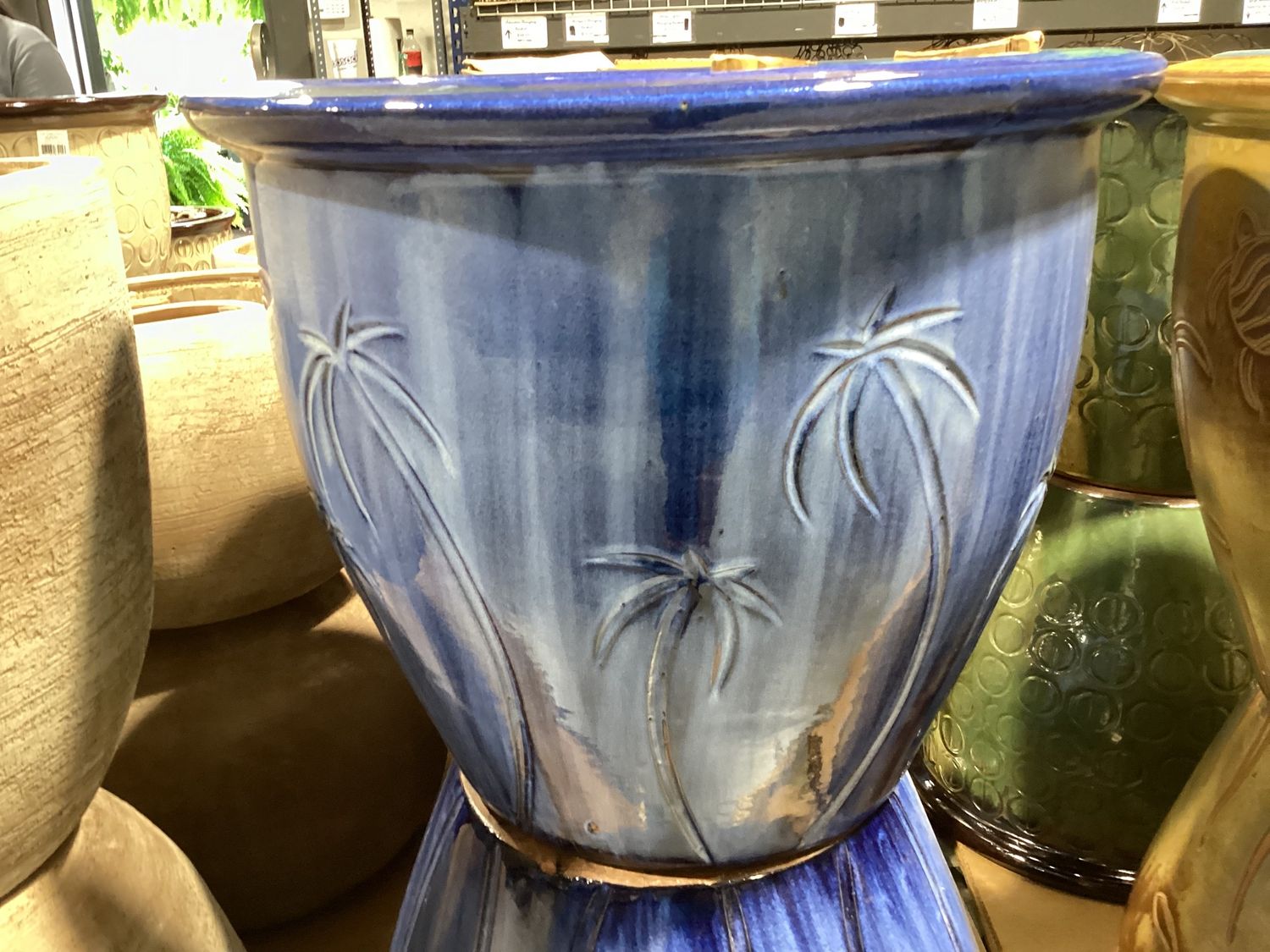 Garden Pot w/Palm Tree Carving, XL 17&quot;x18&quot;, Blue