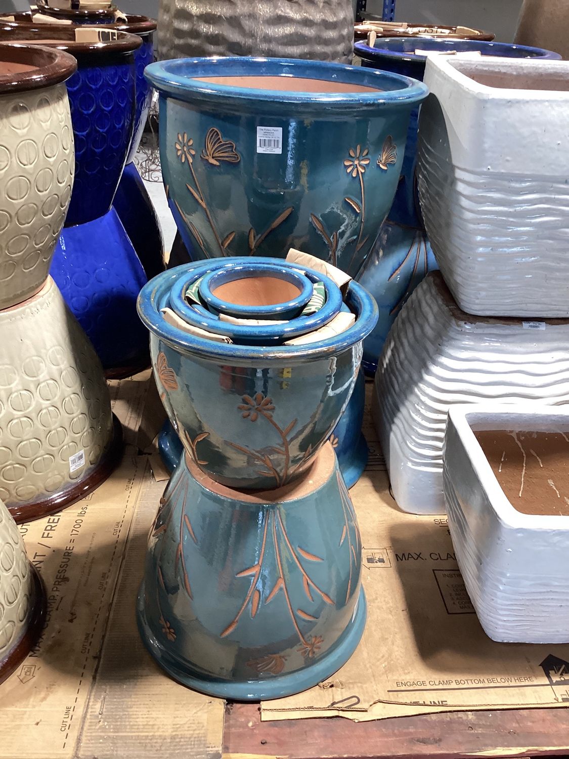 Garden Pot with Butterfly Carvings, Set of 7, Blue Green