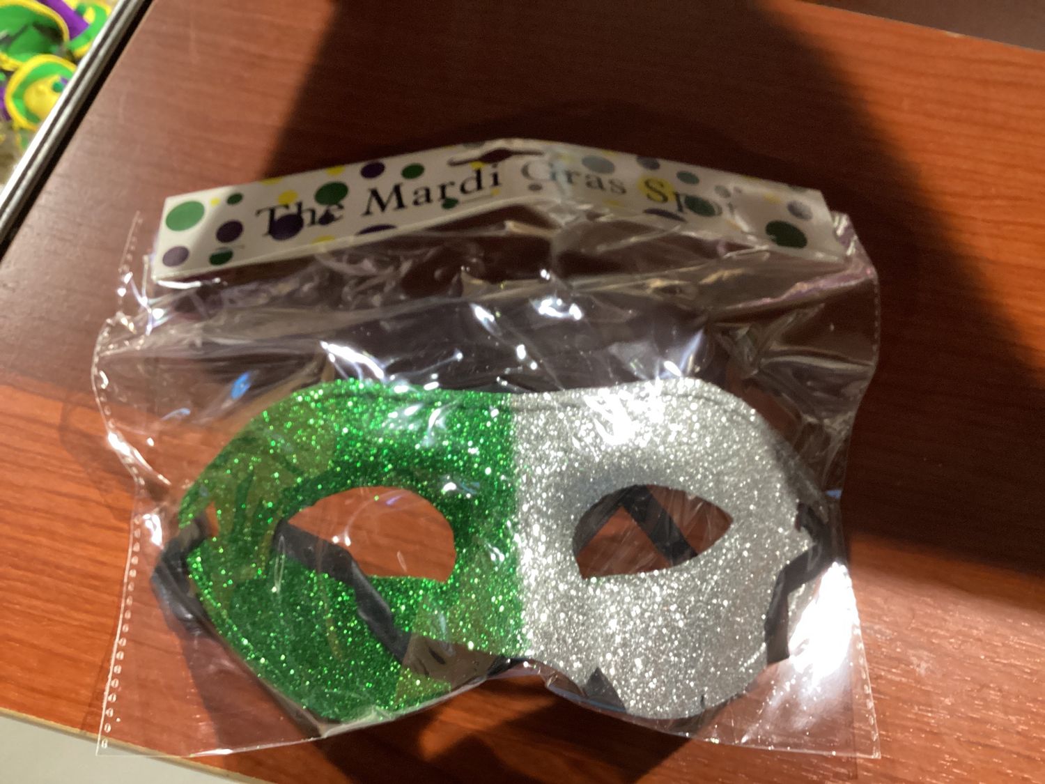 Glittered Silver and Green Mask with Ribbon Tie (Each)
