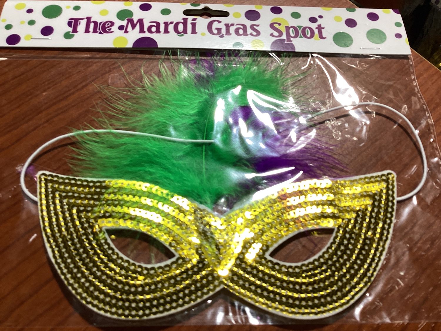 Gold Sequin Mask with Purple and Green Feathers and Elastic Band