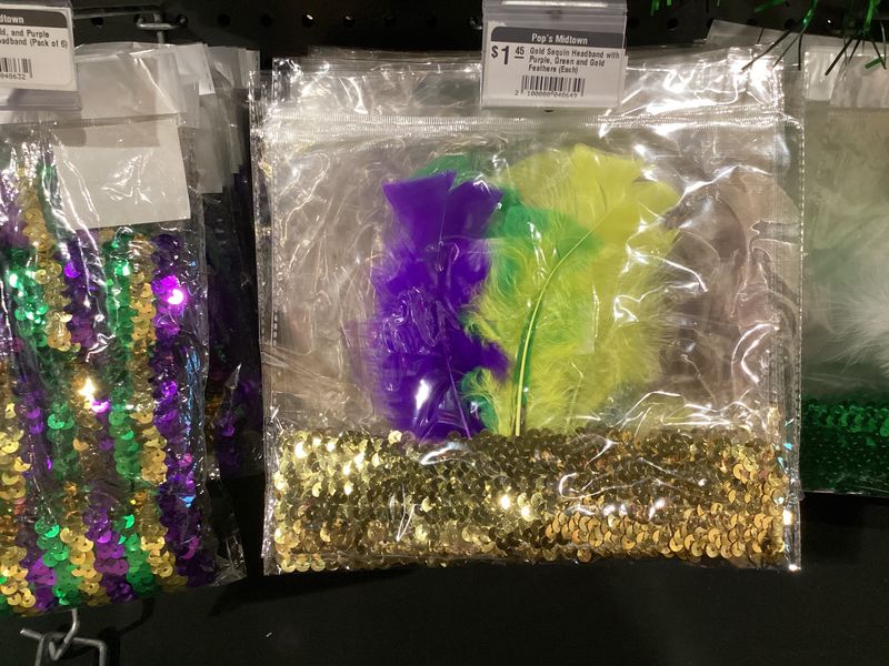 Gold Sequin Headband with Purple, Green and Gold Feathers (Each)