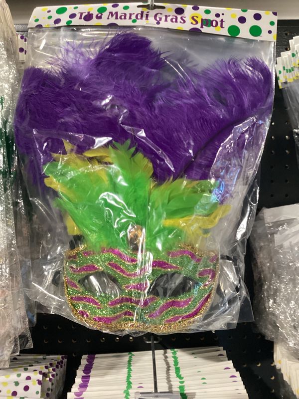 Green and Purple Striped Mask with Purple, Green and Gold Feathers