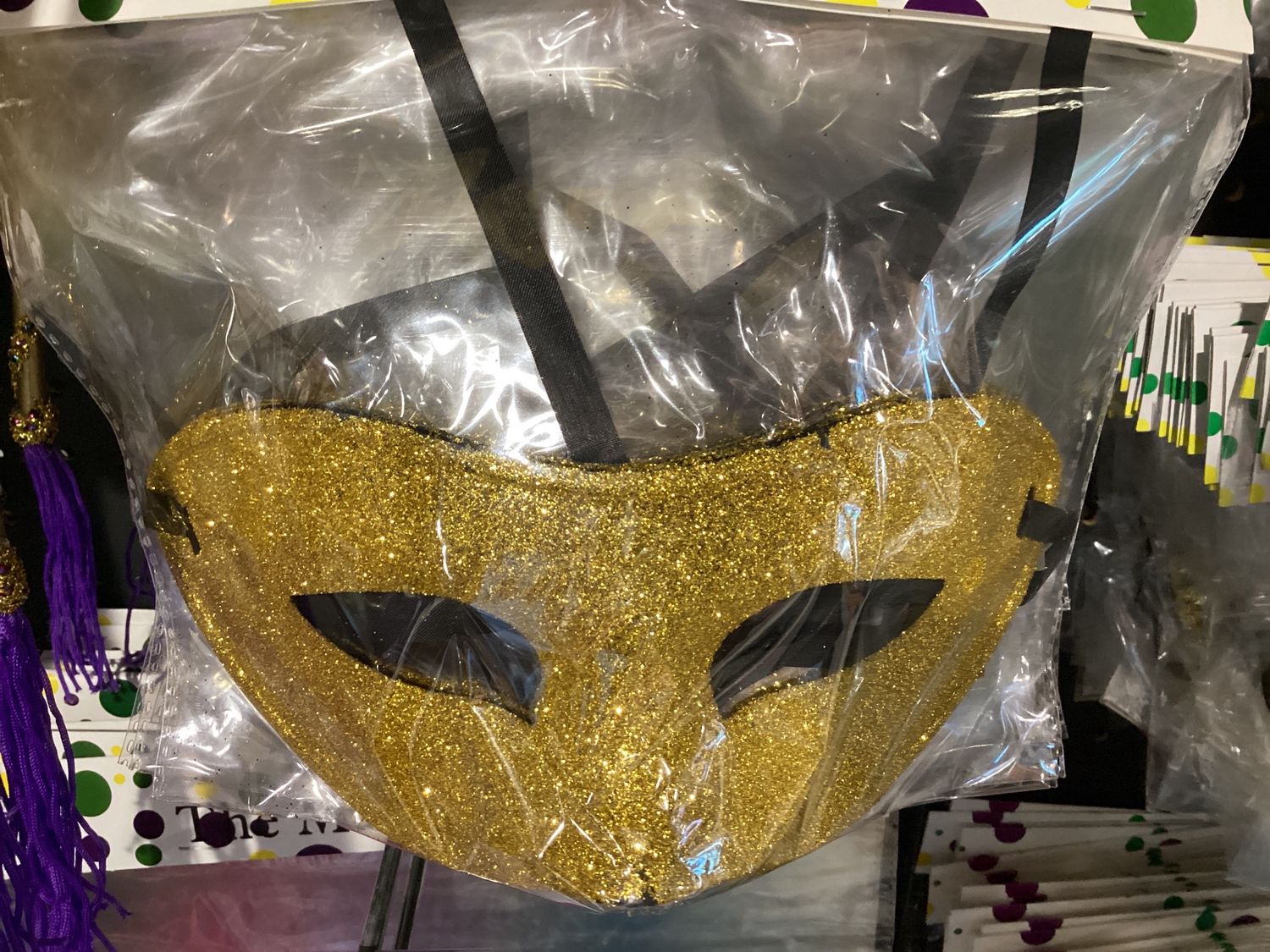 Gold Hard Plastic Glittered Mask with Ribbon Tie (Each)