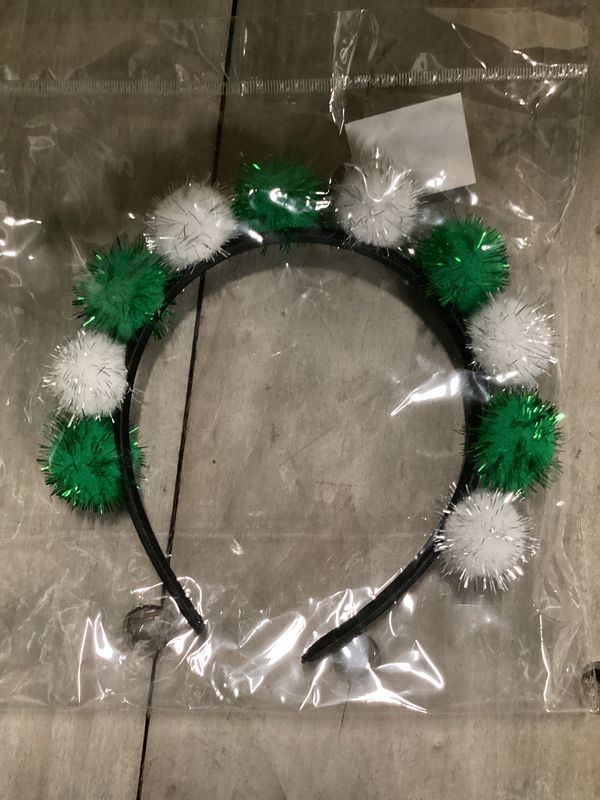 Green and White Tinsel Pom Pom Headband (Each)