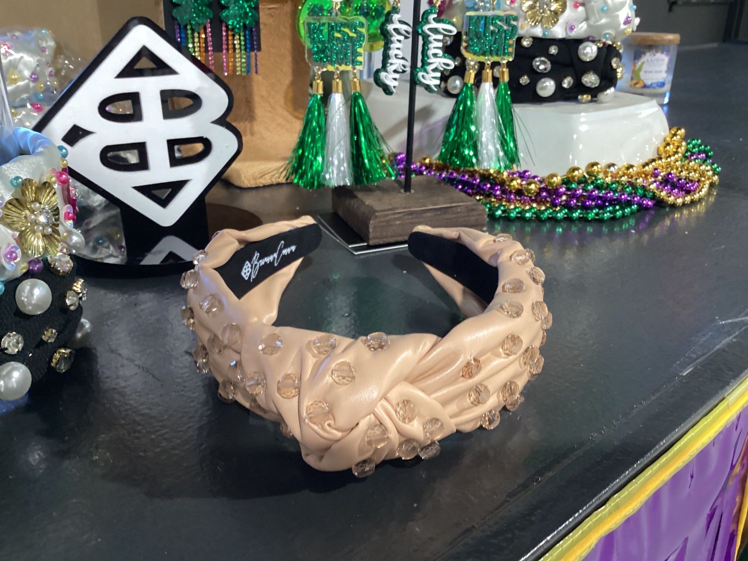 Headband - Nude Vegan Leather with Hand-Sewn Tan Glass Beads