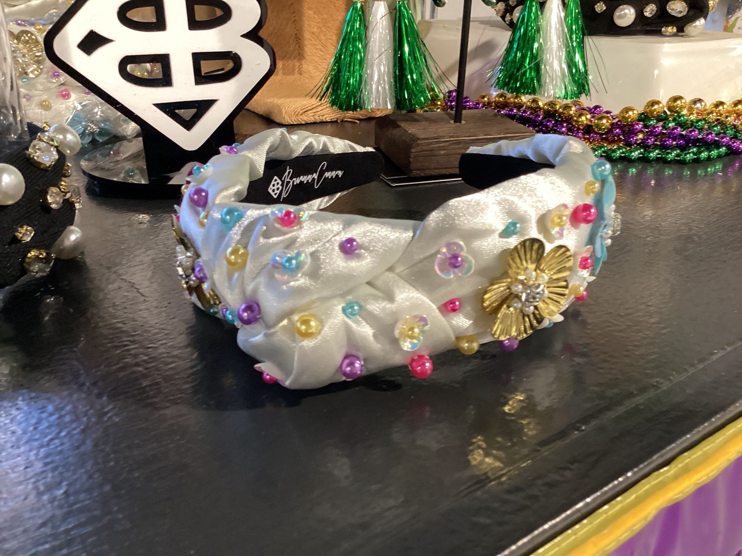 Headband - White Satin Knotted Headband with Pink Blue and Gold Flowers and Beads