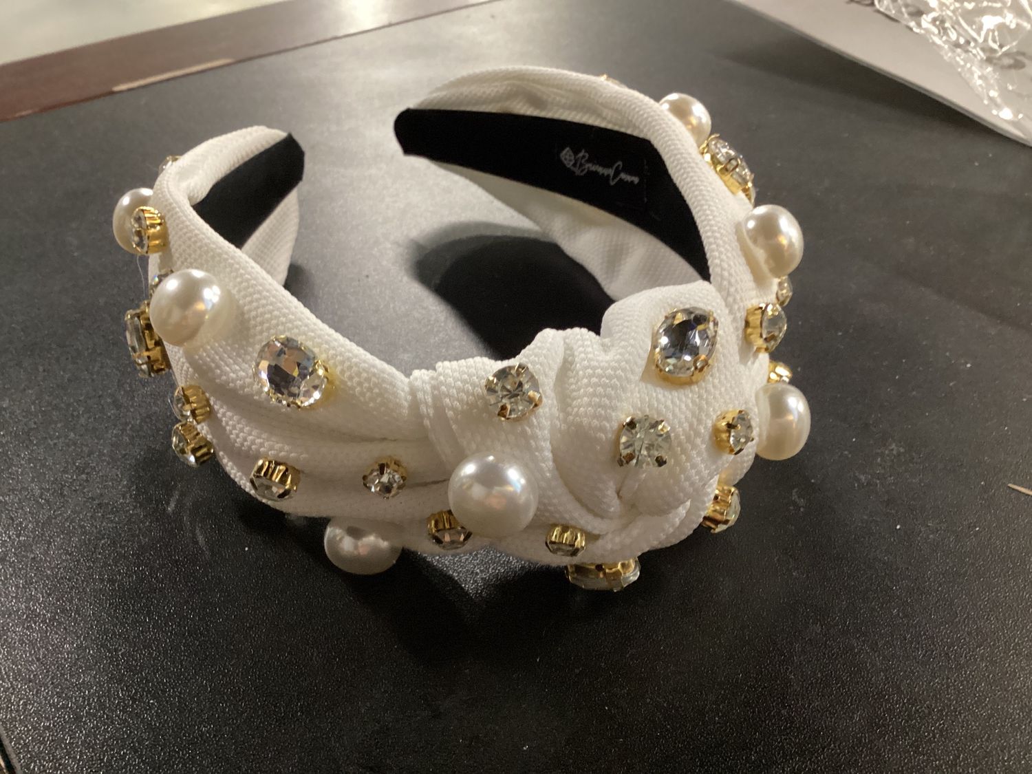 Headband - White Twill Knotted with Crystals and Large Pearls
