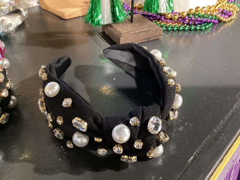 Headband - Black Twill Knotted with Crystals and Large Pearls