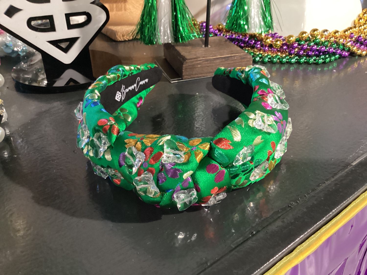 Headband 2022 - Green Silk Headband with Rainbow Flowers and Hand-Sewn Butterfly Crystals