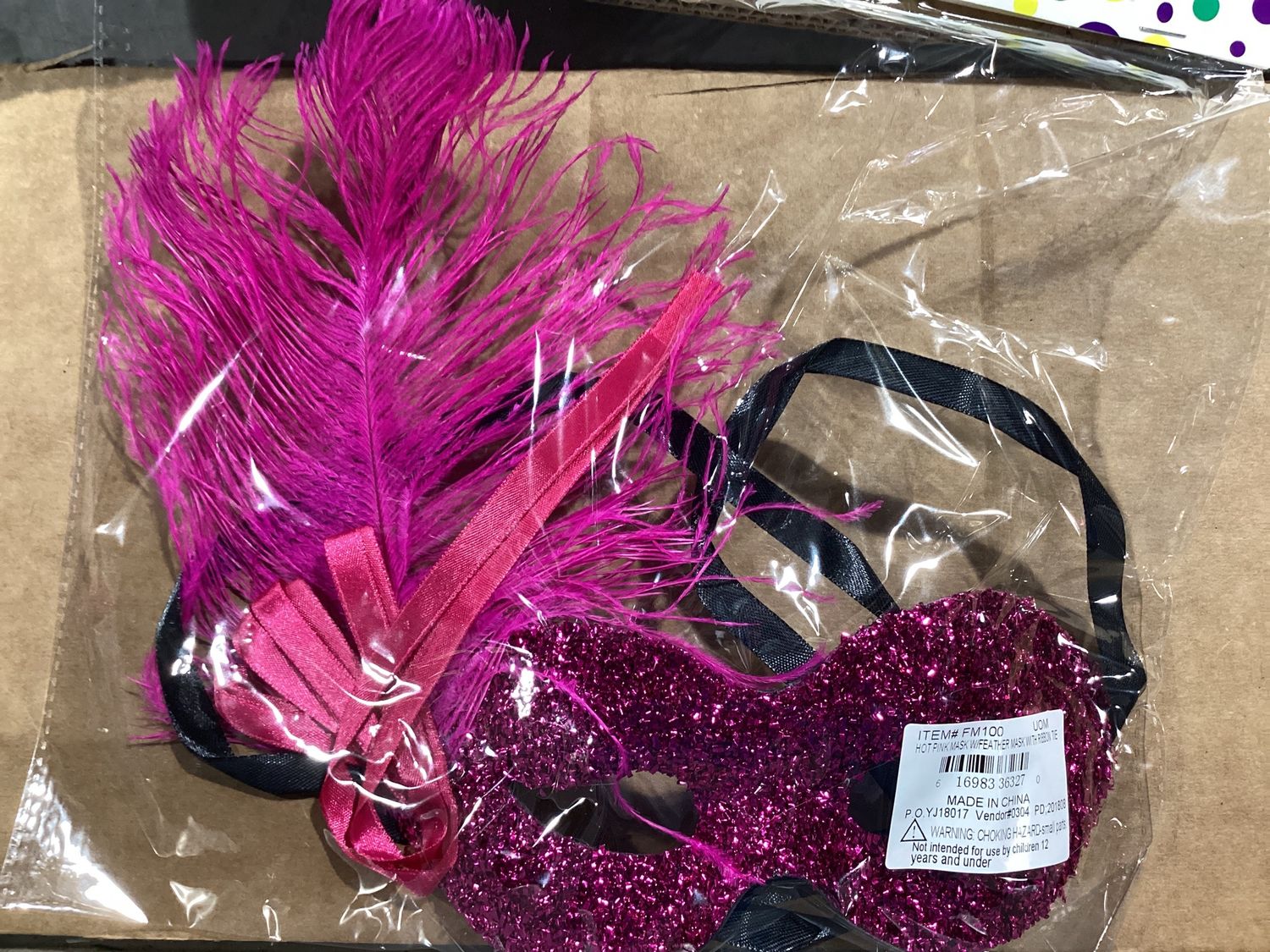 Hot Pink Mask with Feather and Ribbon with Ribbon Tie (Each)