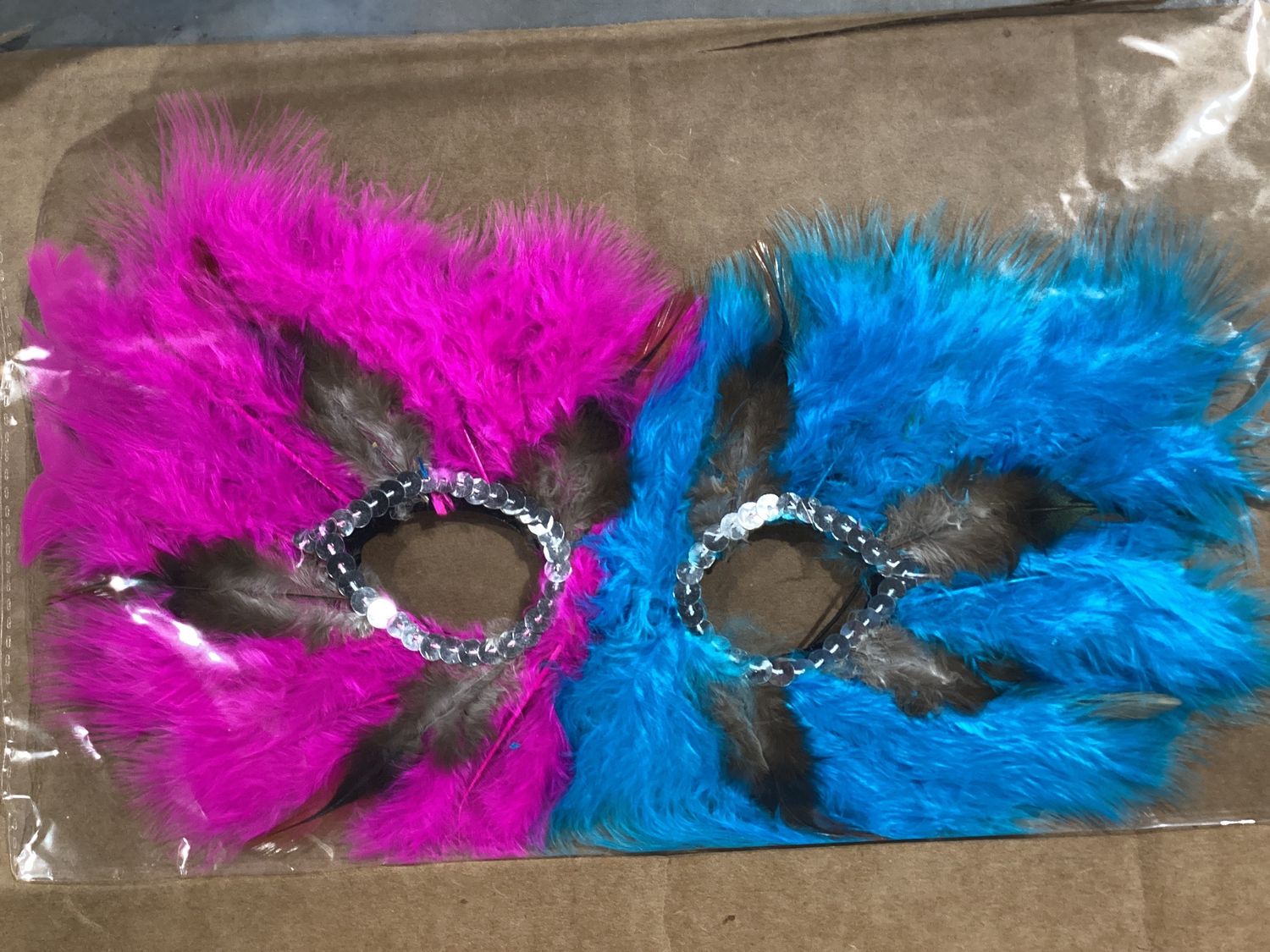 Hot Pink and Blue Feather Mask with Silver Sequins Around Eyes (Each)
