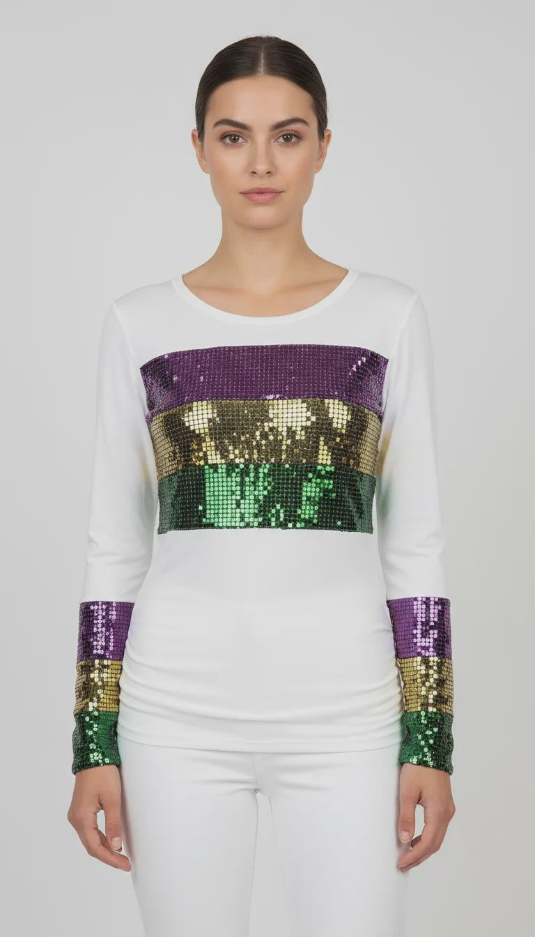 Ivory Long Sleeve Knit Shirt with Purple, Green and Gold Sequin Color Block and Sleeves -XL (Each)