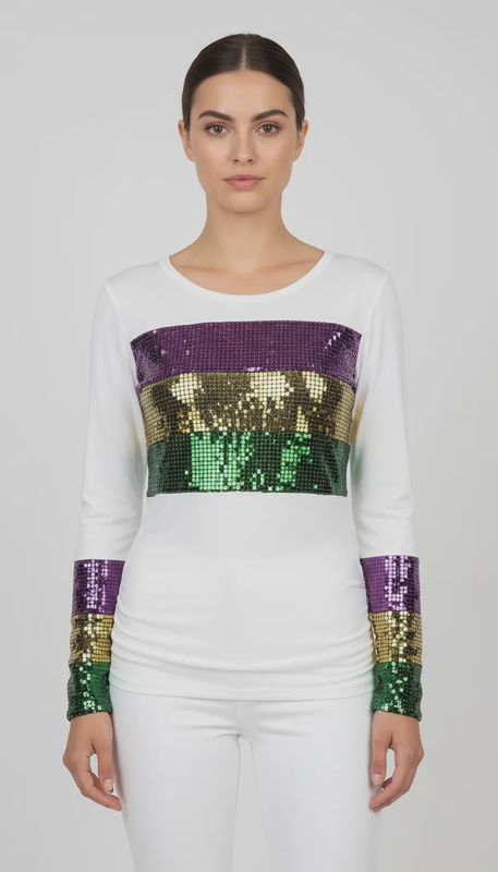 Ivory Long Sleeve Knit Shirt with Purple, Green and Gold Sequin Color Block and Sleeves -XL (Each)