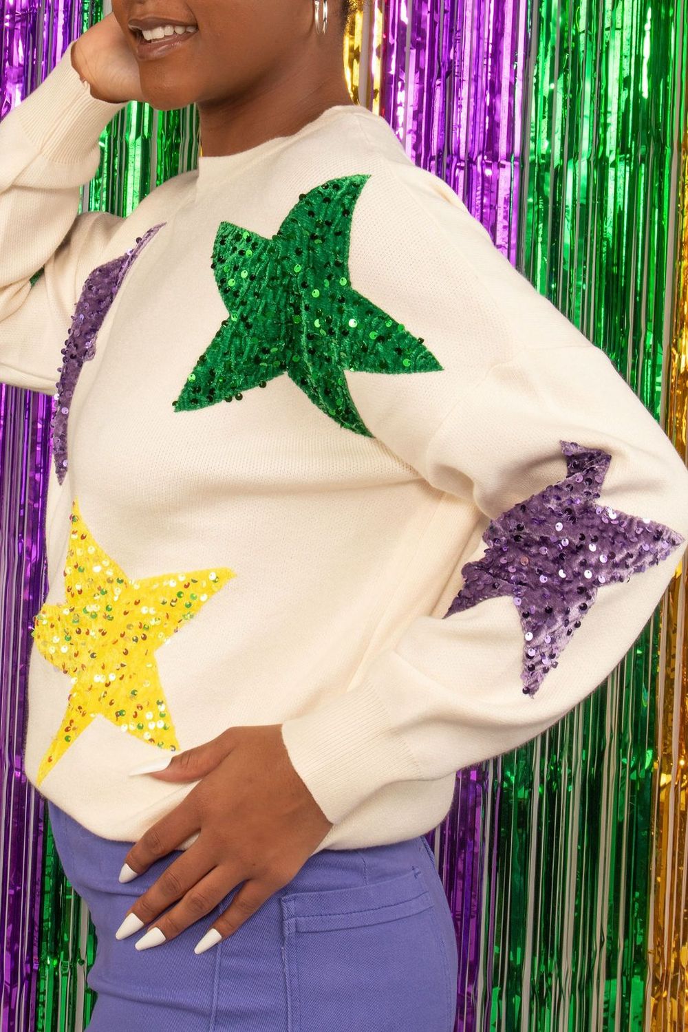 Ivory Mardi Gras Sequin Velvet Stars Sweater - X-Large (Each)