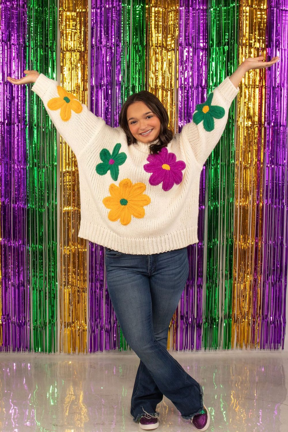 Ivory Sweater with Mardi Gras Colors Embroidered Flowers - X-Large (Each)