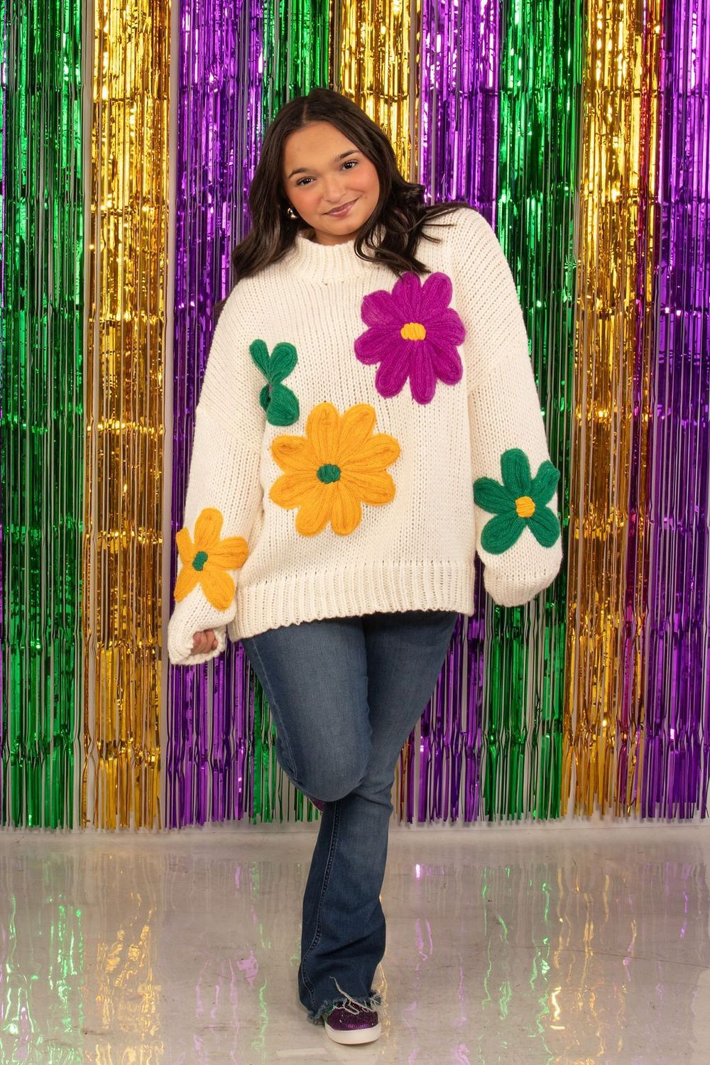 Ivory Sweater with Mardi Gras Colors Embroidered Flowers - Large (Each)