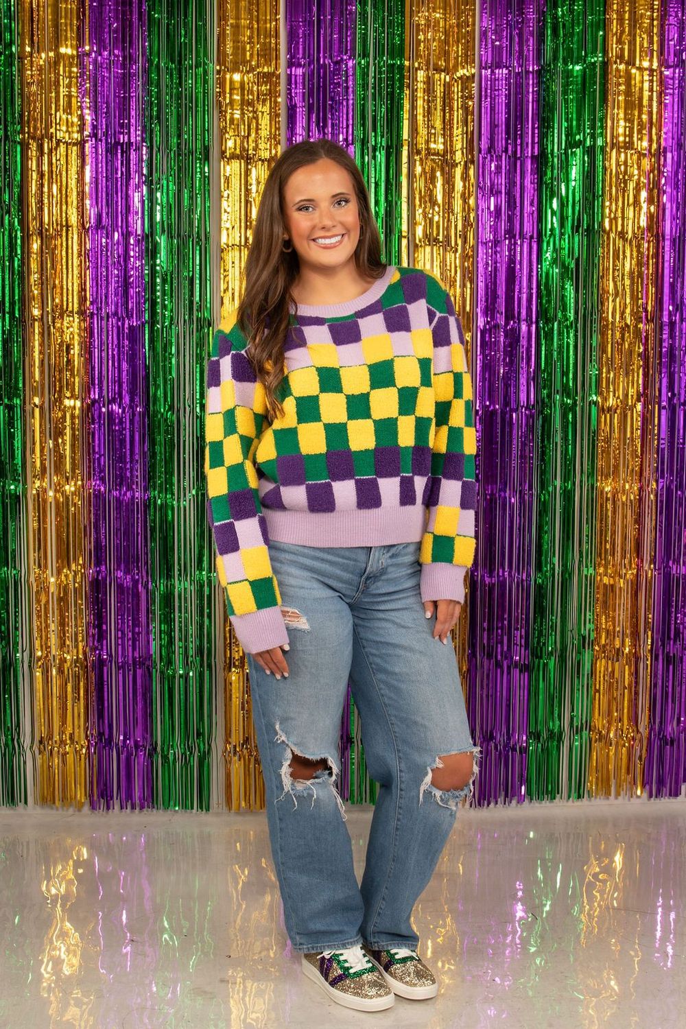 Lavender Mardi Gras Checker Sweater - Small (Each)