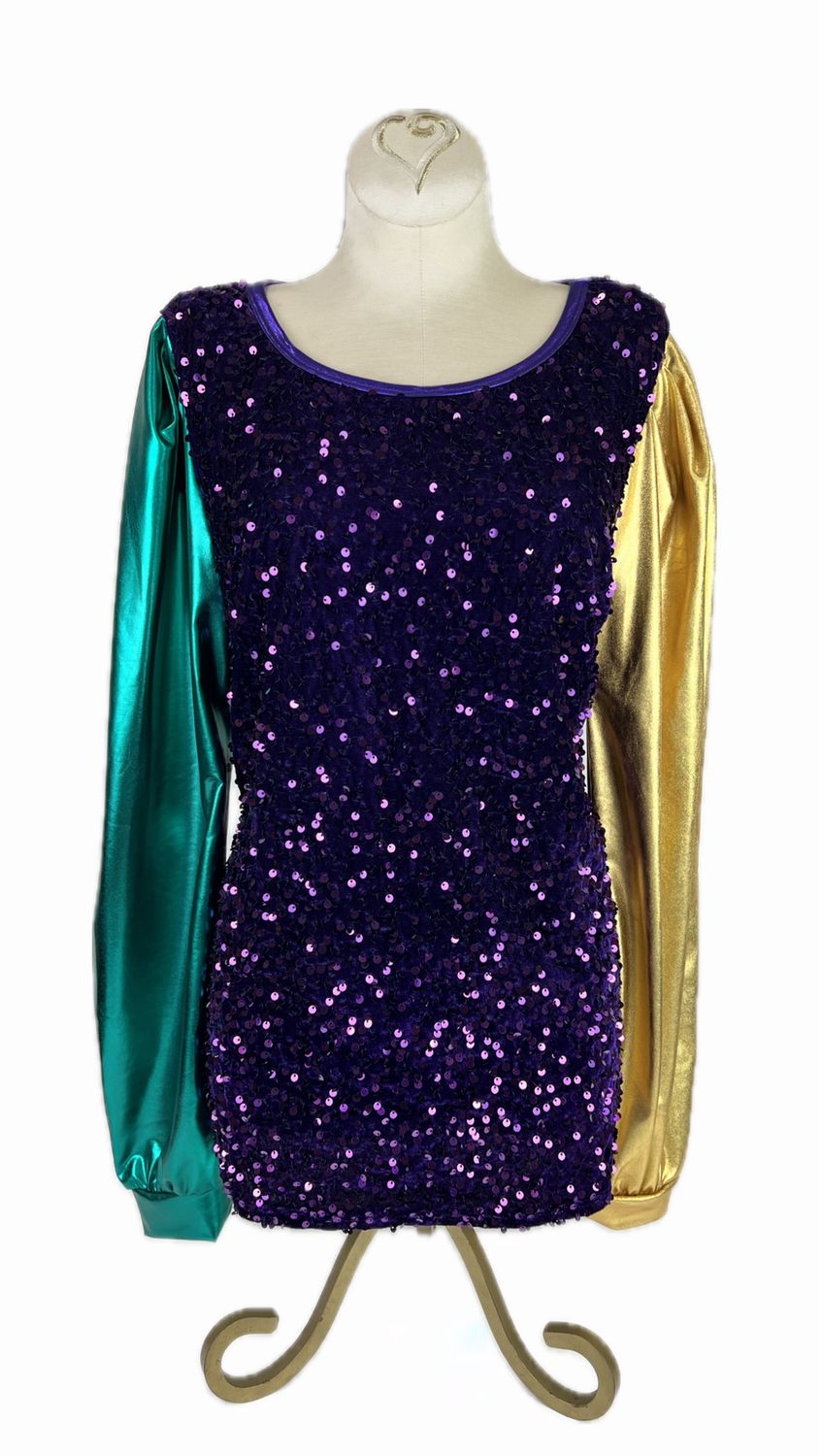 Mardi Gras Color Block Velvet Sequins with Metallic Puff Sleeves Top - Medium (Each)