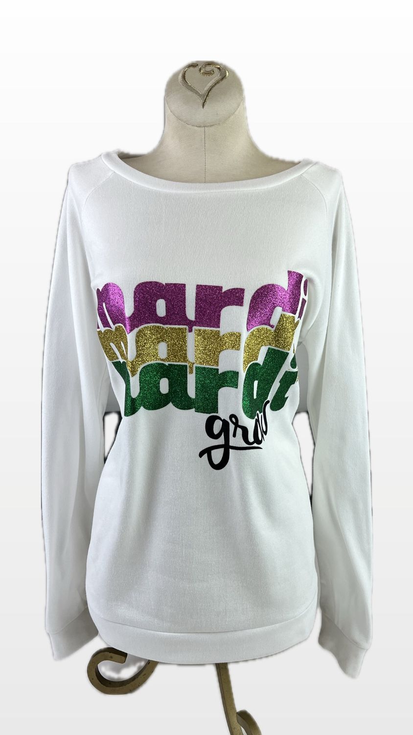 Mardi Gras Glitter Lettering White Pullover - Medium (Each)