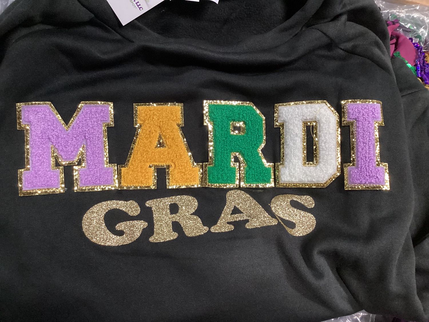 Mardi Gras Letter Patches And Glitter Print Black Pullover - Large (Each)